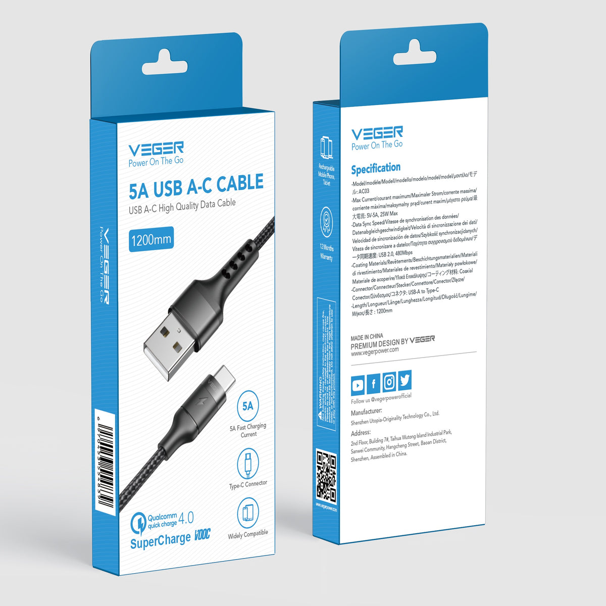 Veger Braided USB-A to USB-C Cable 1.2m