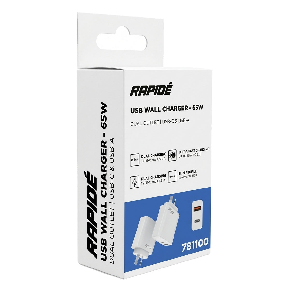 Rapidé 65W GaN USB-C PD + USB-A QC Wall Charger
