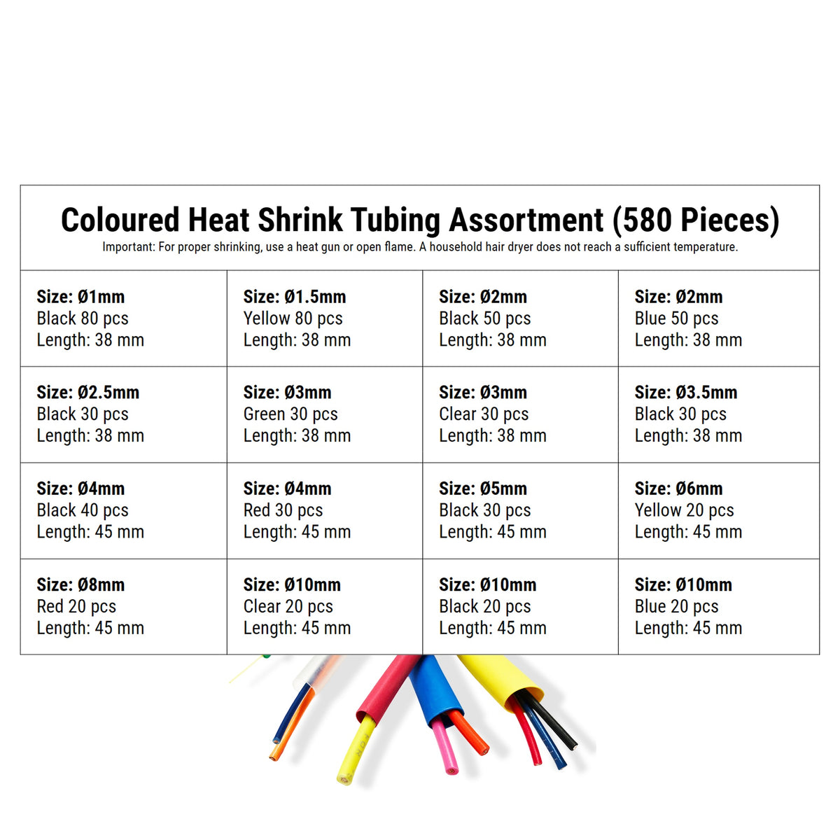 Heat Shrink Tubing Kit 580pc - Assorted Sizes & Colours