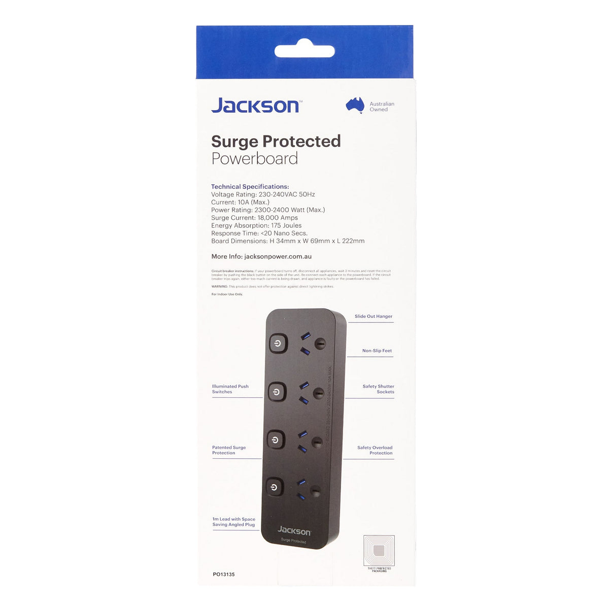 Jackson 4 Outlet Switched Surge Protected Powerboard - Black (PT1814)