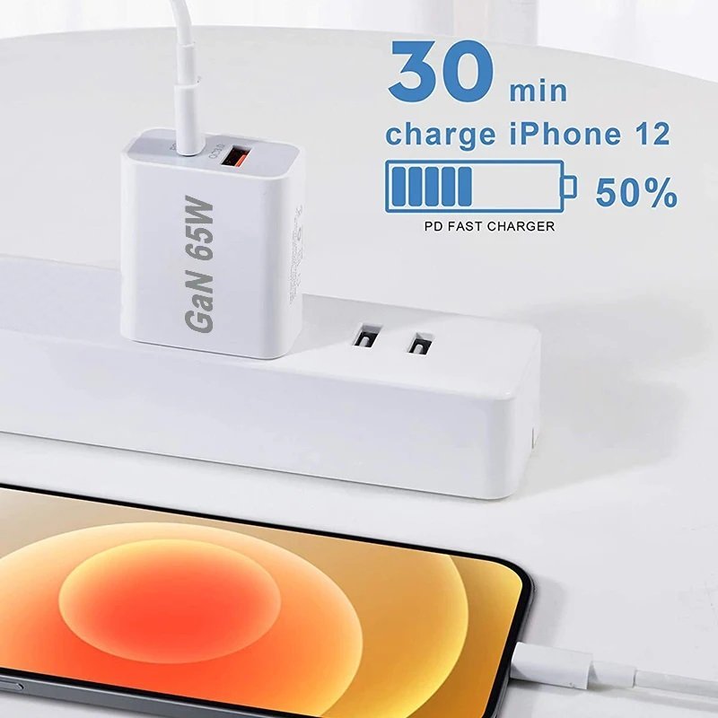 Dual USB Wall Charger – 65W GaN USB-A QC3.0 + USB-C PD