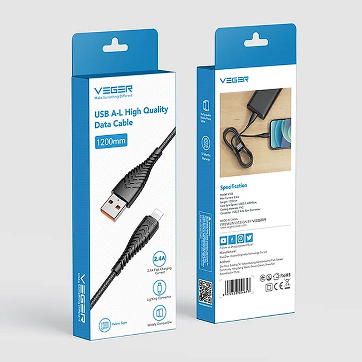 Veger Braided USB-A to Lightning Cable 1.2m