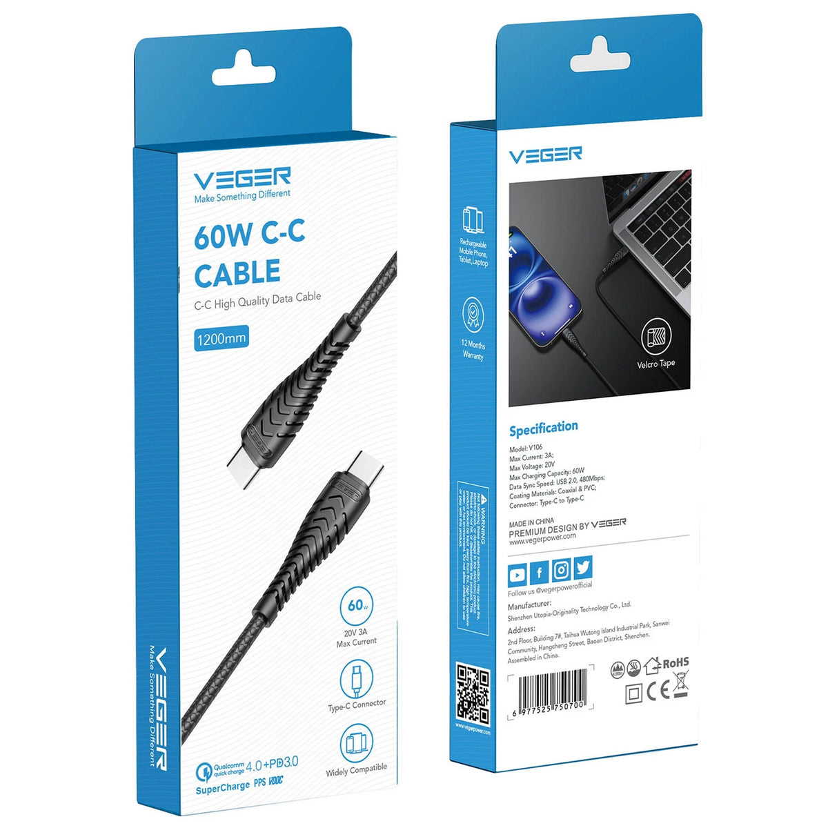Veger Braided USB-C to USB-C Cable 60W 1.2m