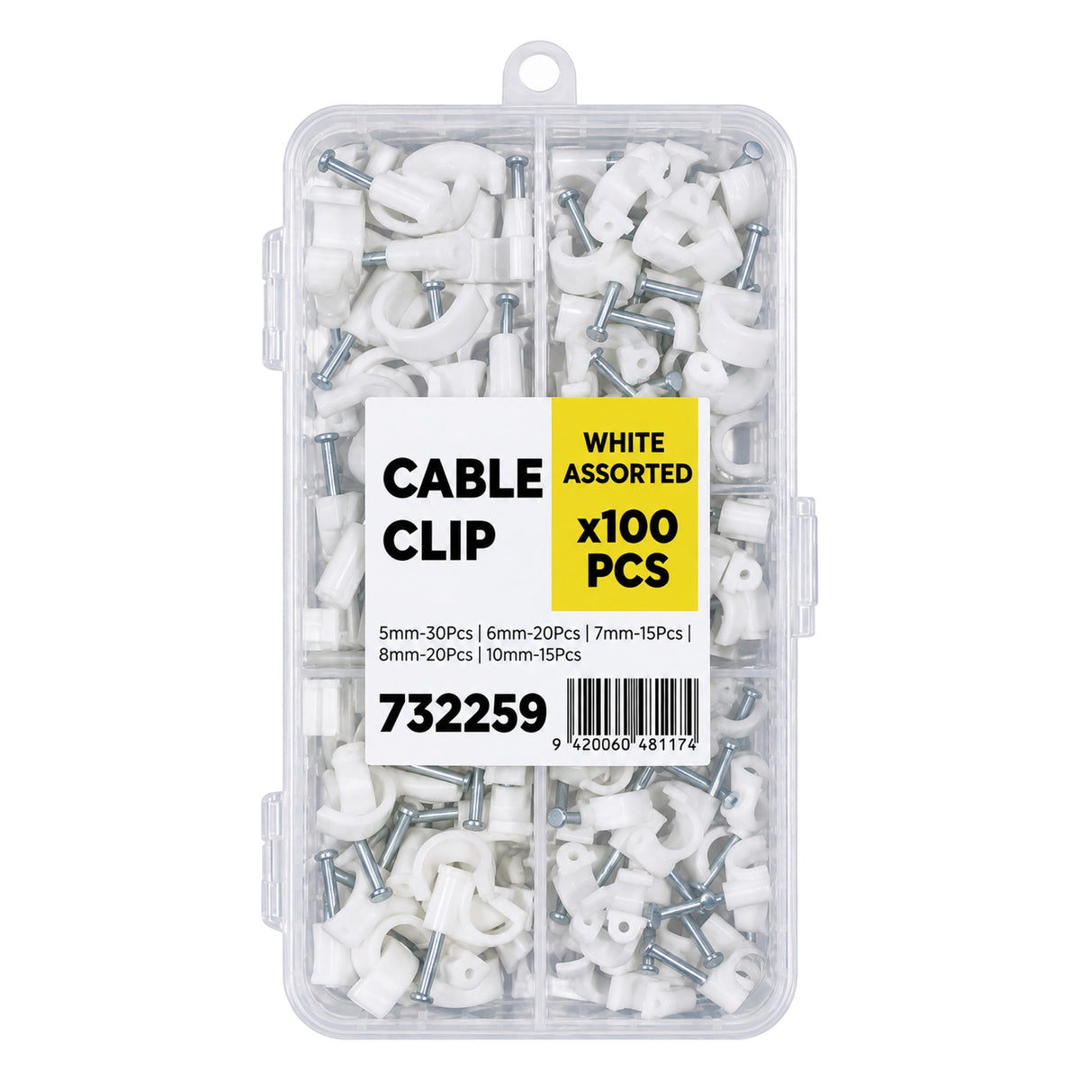 White Round Cable Clips - Assorted Sizes, Pack of 100