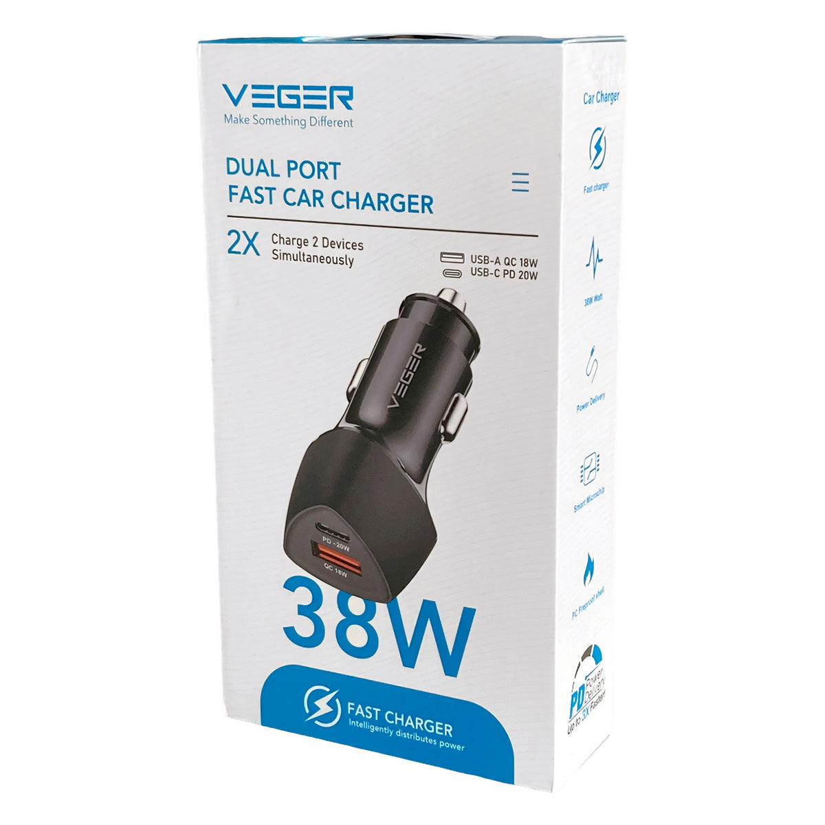 Veger 38W Dual USB Car Charger USB-A QC + USB-C PD