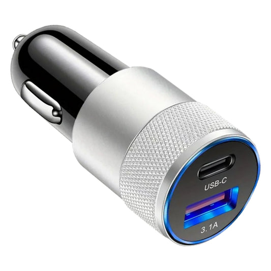 Dual USB Car Charger – 5V 3.1A USB-A + USB-C (Silver)