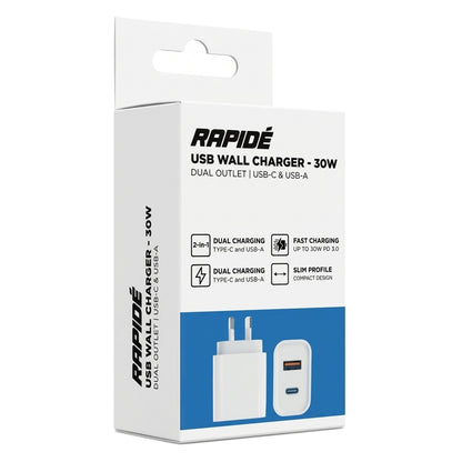 Rapidé 30W GaN USB-C PD + USB-A QC Wall Charger