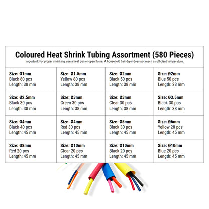Heat Shrink Tubing Kit 580pc - Assorted Sizes & Colours