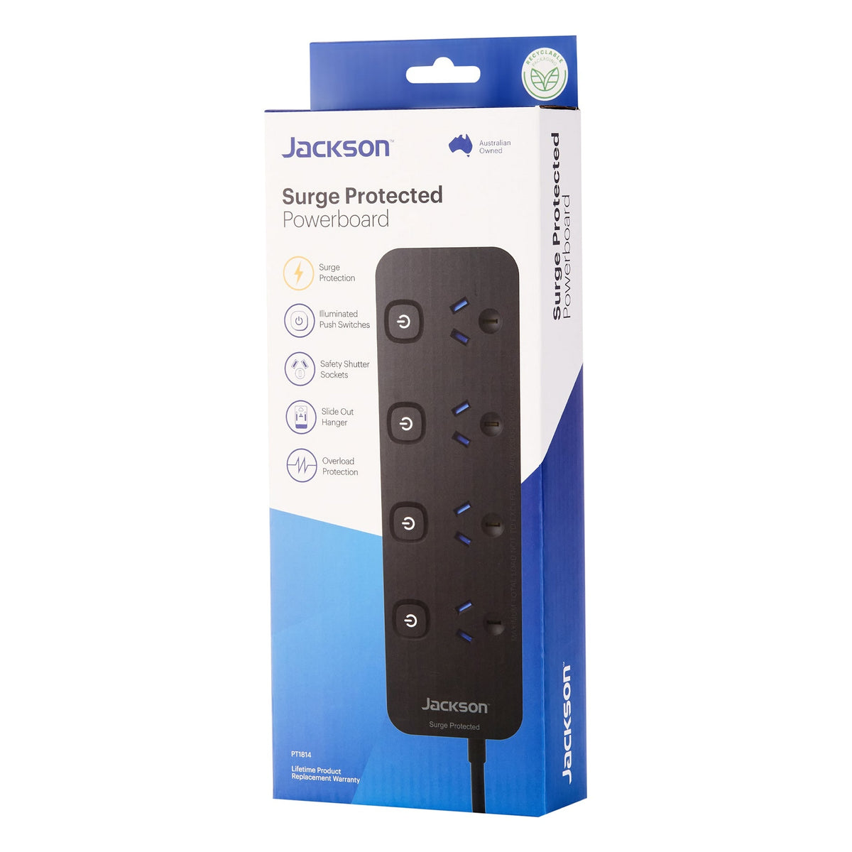 Jackson 4 Outlet Switched Surge Protected Powerboard - Black (PT1814)