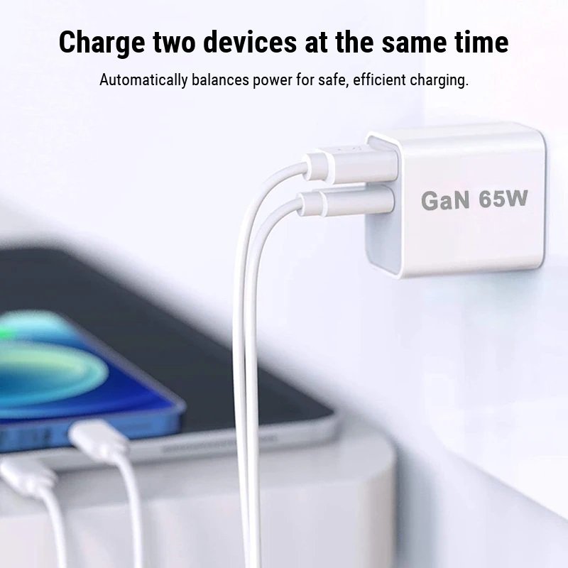 Dual USB Wall Charger – 65W GaN USB-A QC3.0 + USB-C PD