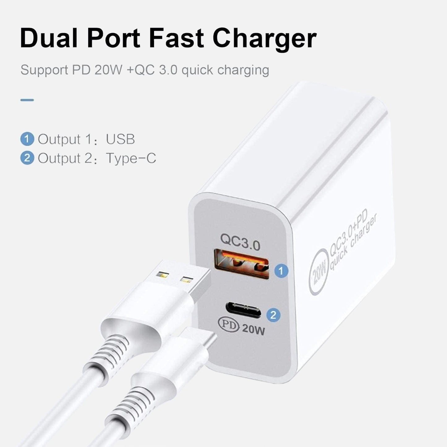 Dual USB Wall Charger - 20W USB-A QC3.0 + USB-C PD