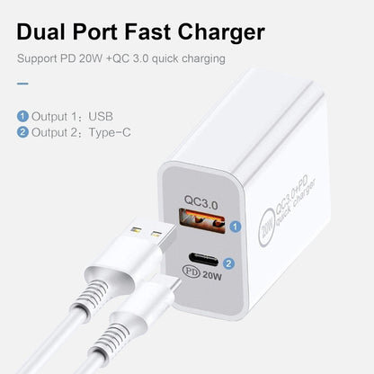 Dual USB Wall Charger - 20W USB-A QC3.0 + USB-C PD