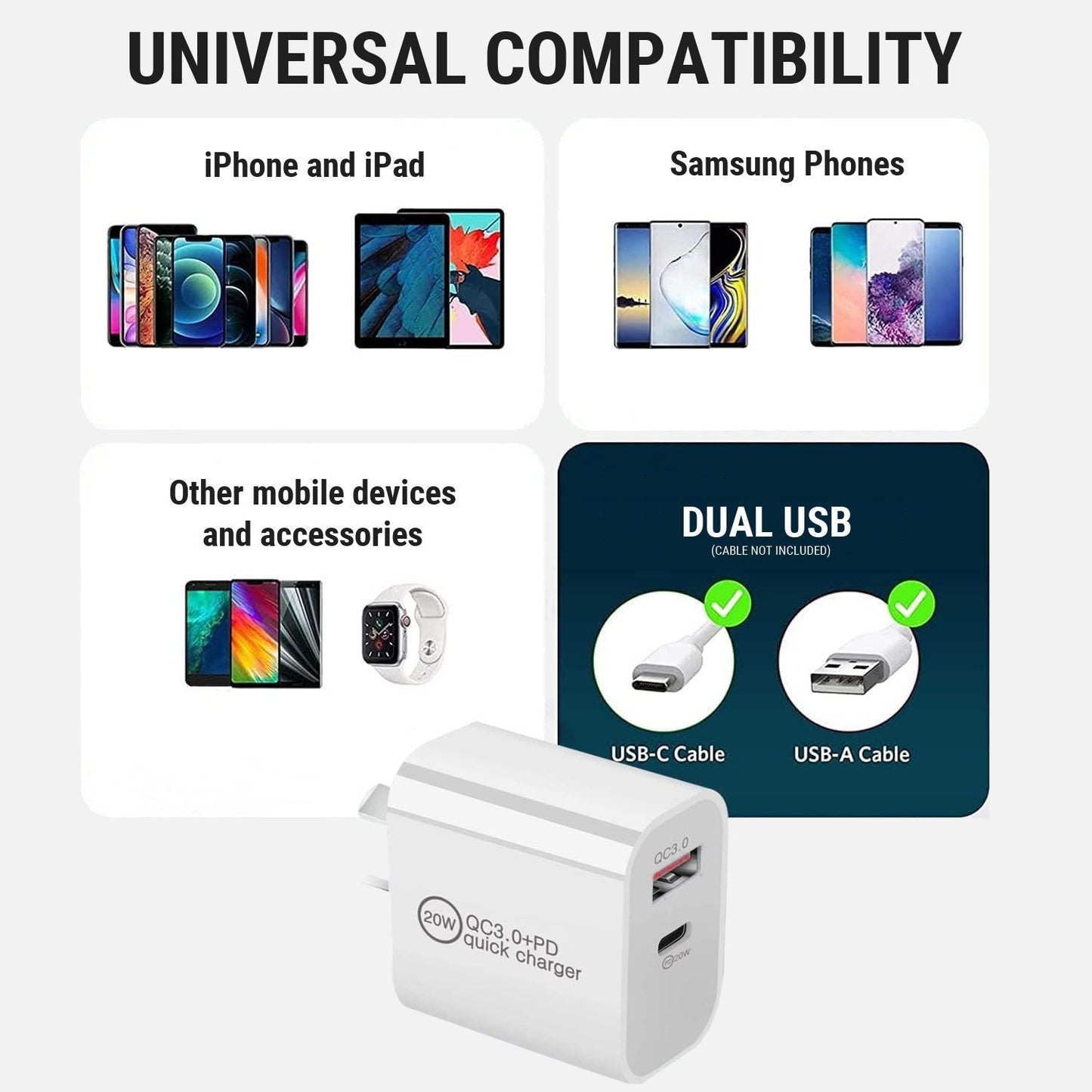 Dual USB Wall Charger - 20W USB-A QC3.0 + USB-C PD