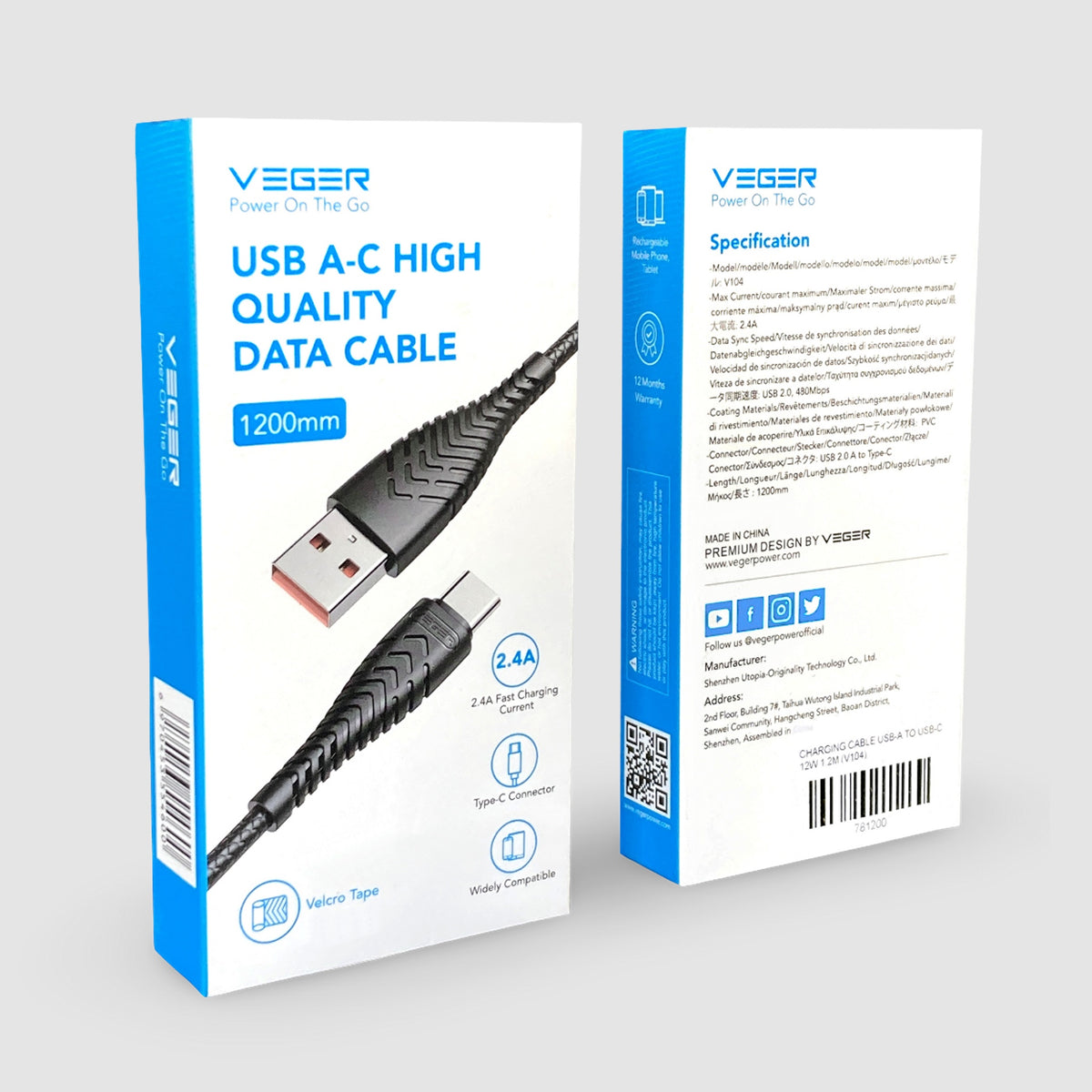 Veger Rugged USB-A to USB-C Cable 1.2m